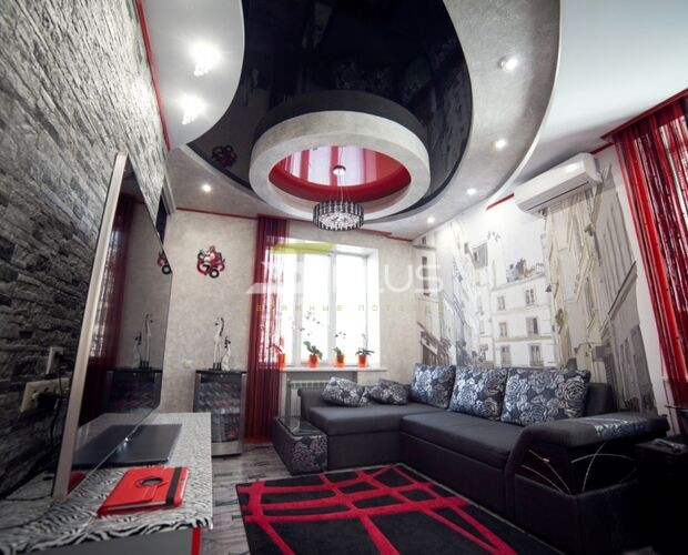 Креативный натяжной потолок в гостиной | Портфолио 5Plus | Киев ⋆ Днепр ⋆