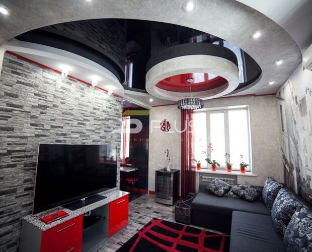 Креативный натяжной потолок в гостиной | Портфолио 5Plus | Киев ⋆ Днепр ⋆